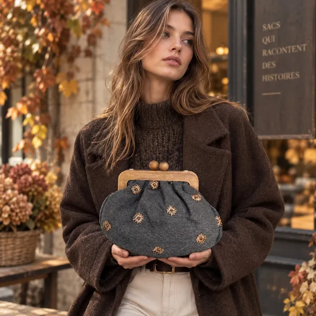 Crazy Lou Sac en tissus 6834H borsa con chiusura in legno e perline