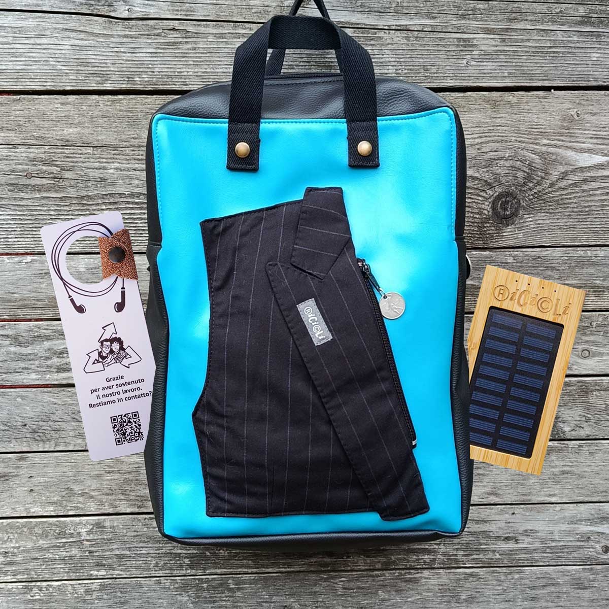 Ricicli Design Borse Zaino Apollo n.03 zaino nero turchese artigianale