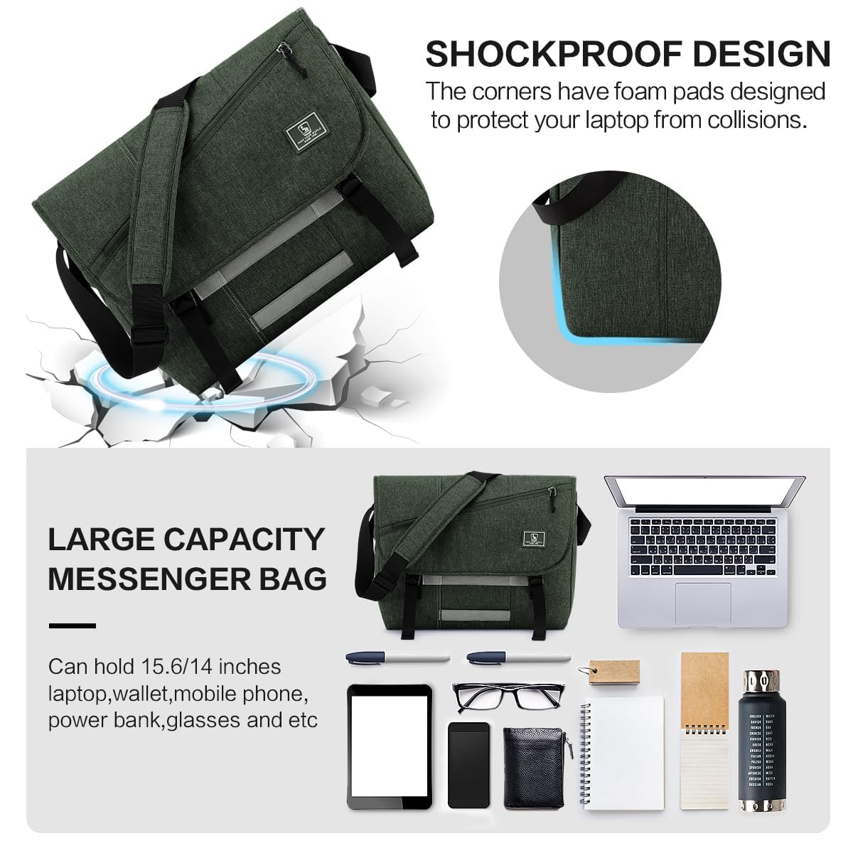 OIWAS Messenger Bags borsa a tracolla verde per laptop 15,6 pollici