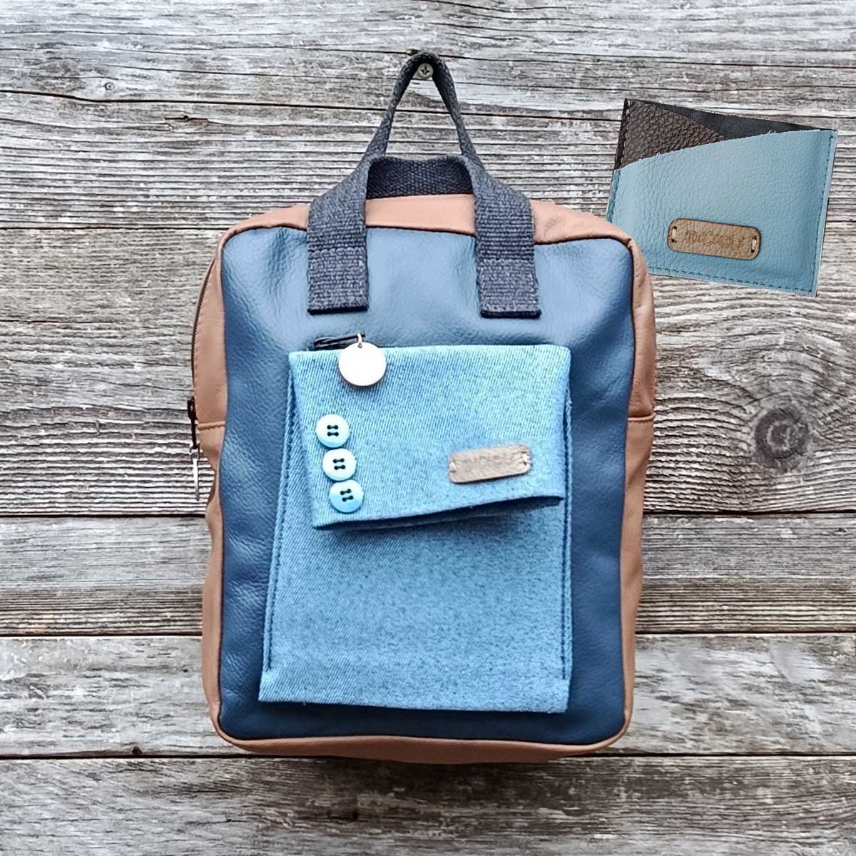 Ricicli Design Borse Borsa zaino Fico in VERA PELLE n°09 blu marrone