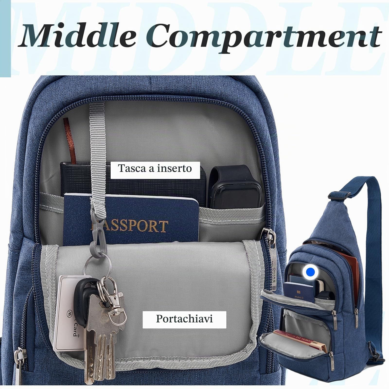 OIWAS Sling Bags borsa monospalla blu impermeabile 9 tasche