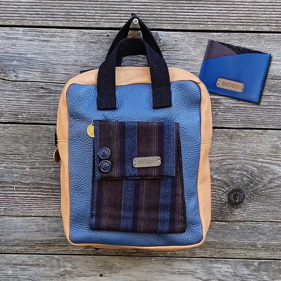 Ricicli Design Borse Borsa zaino Fico in VERA PELLE n°01 borsa zaino Sahara bluette
