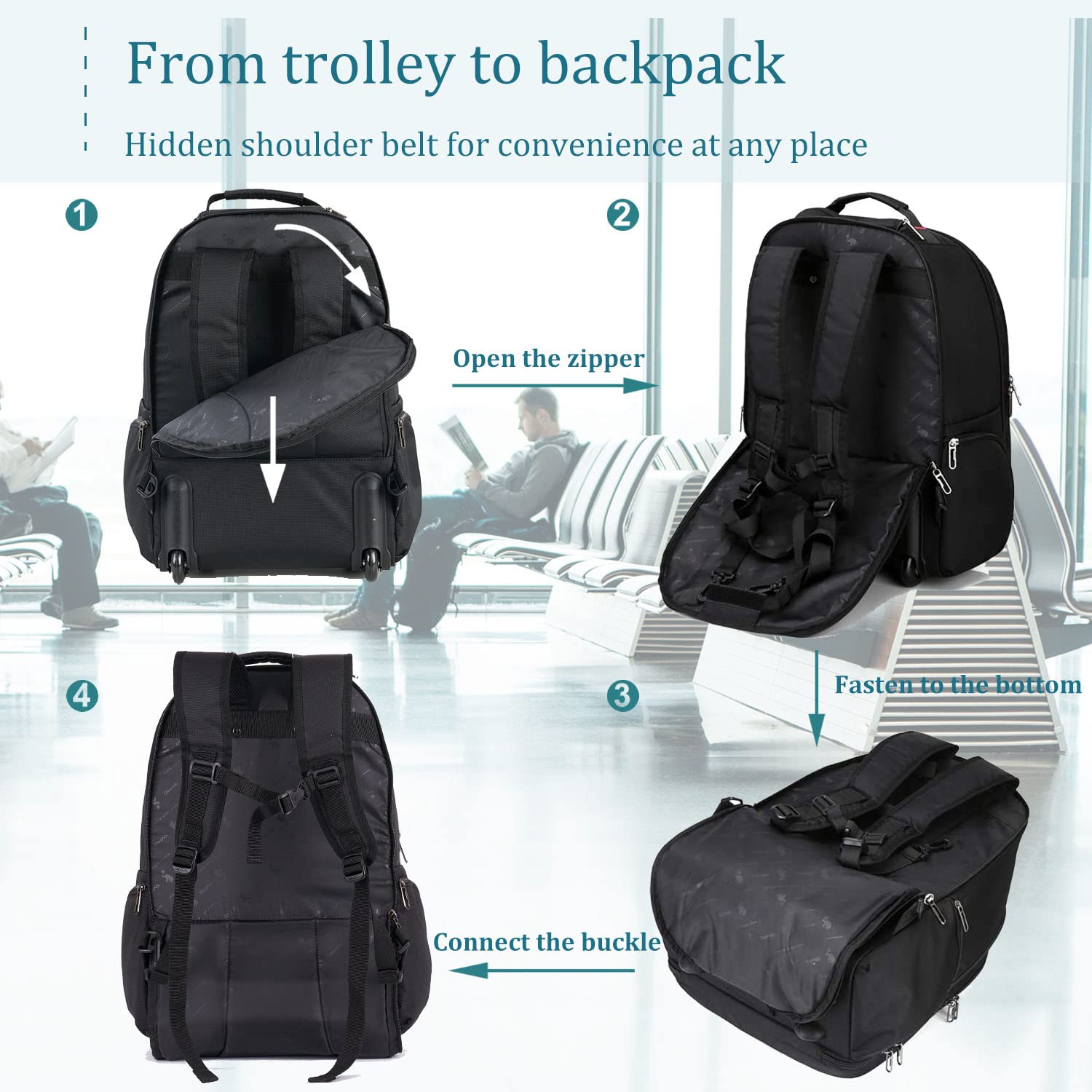 OIWAS Rolling Backpack Zaino trolley laptop 15,6 pollici 30 L