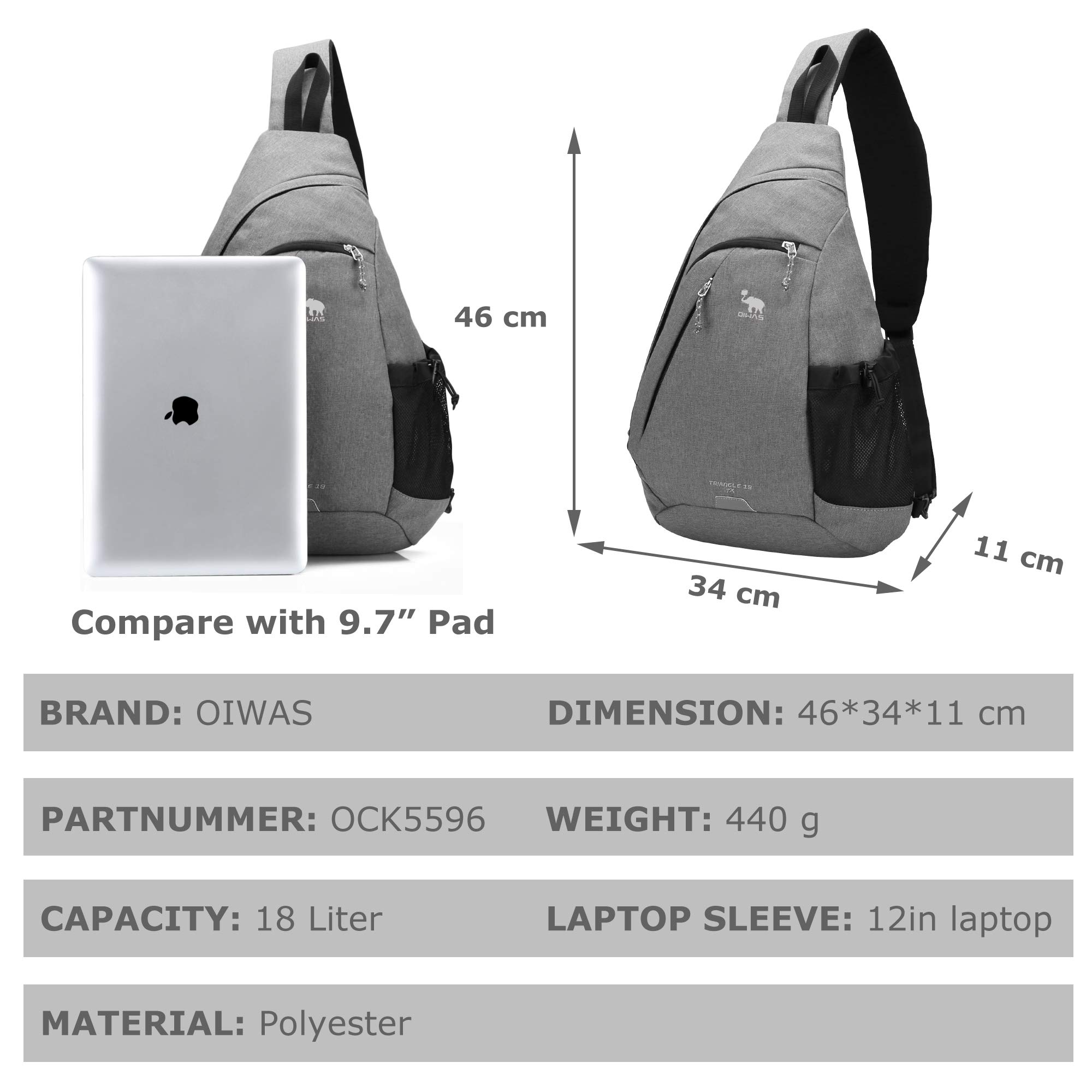 OIWAS Sling Bags zaino monospalla grigio 18 L impermeabile
