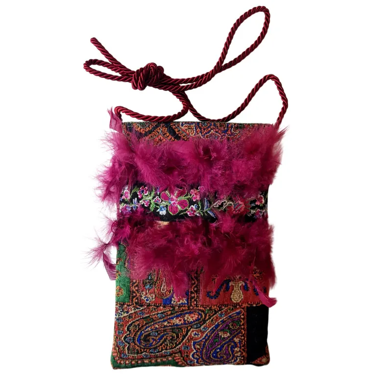 Borseggi Tibetane – le tracolla Tibetana piume 16 bordeaux