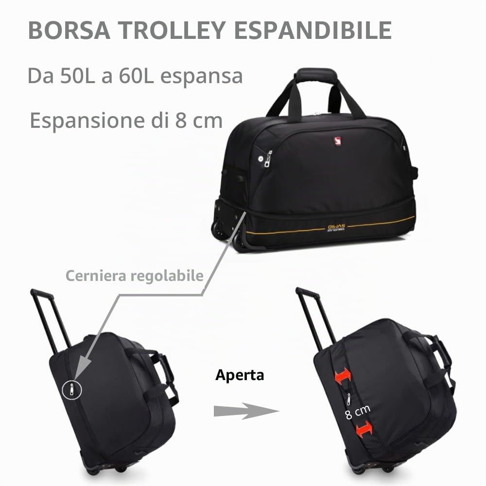 OIWAS Duffel Bags Borsone da viaggio con ruote nero 45-55 L espandibile