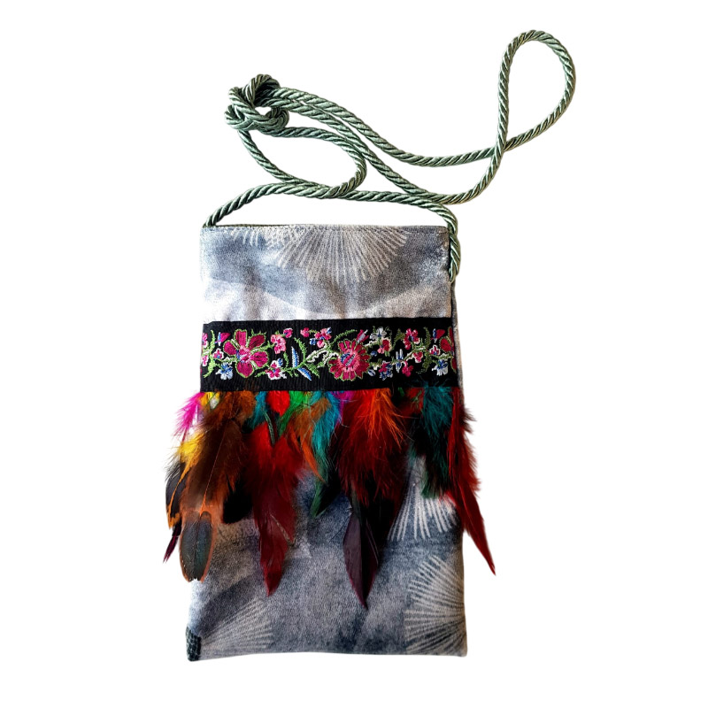 Borseggi Tibetane Tibetana piume 22 borsa a tracolla salvia