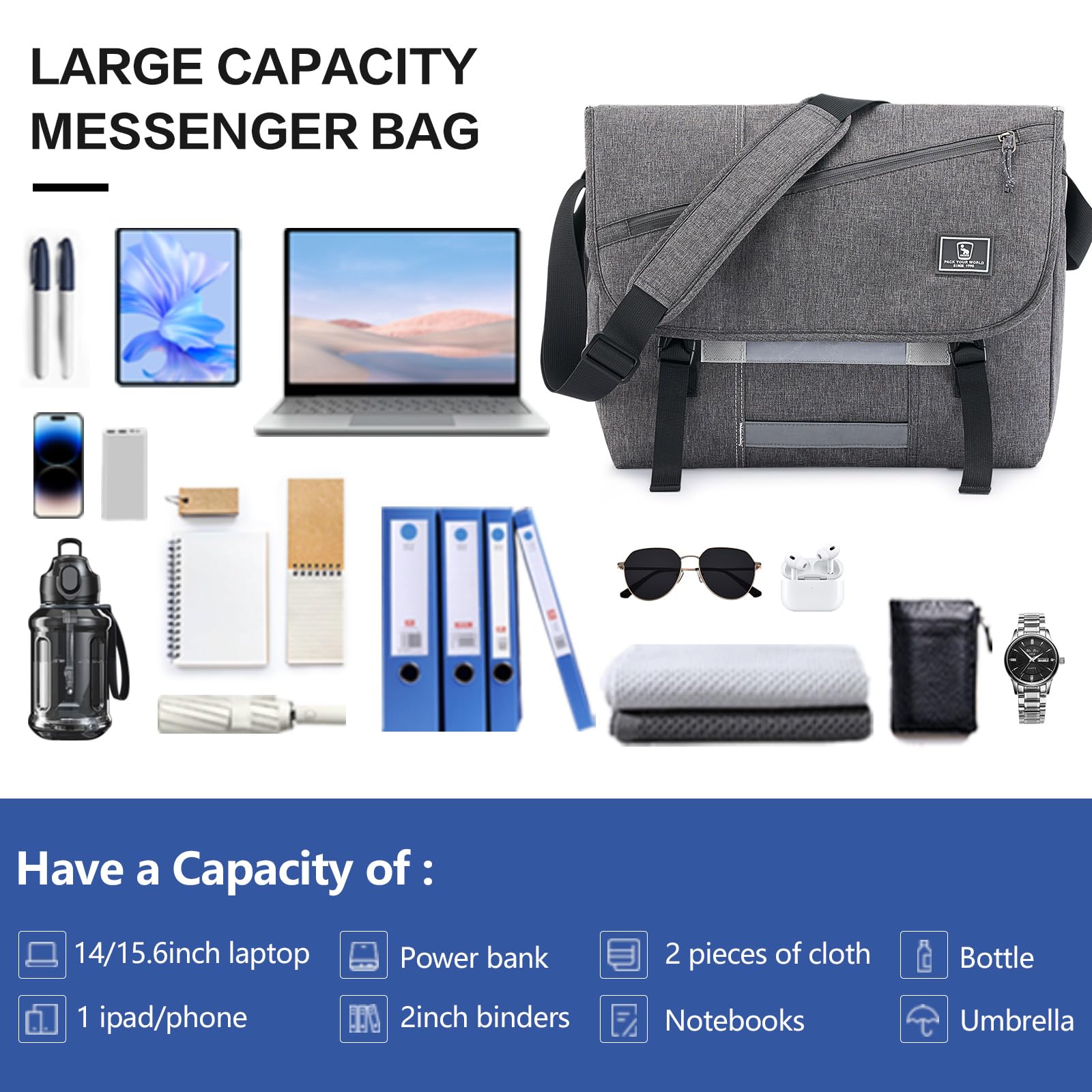 OIWAS Messenger Bags borsa laptop grigia 15,6 pollici impermeabile