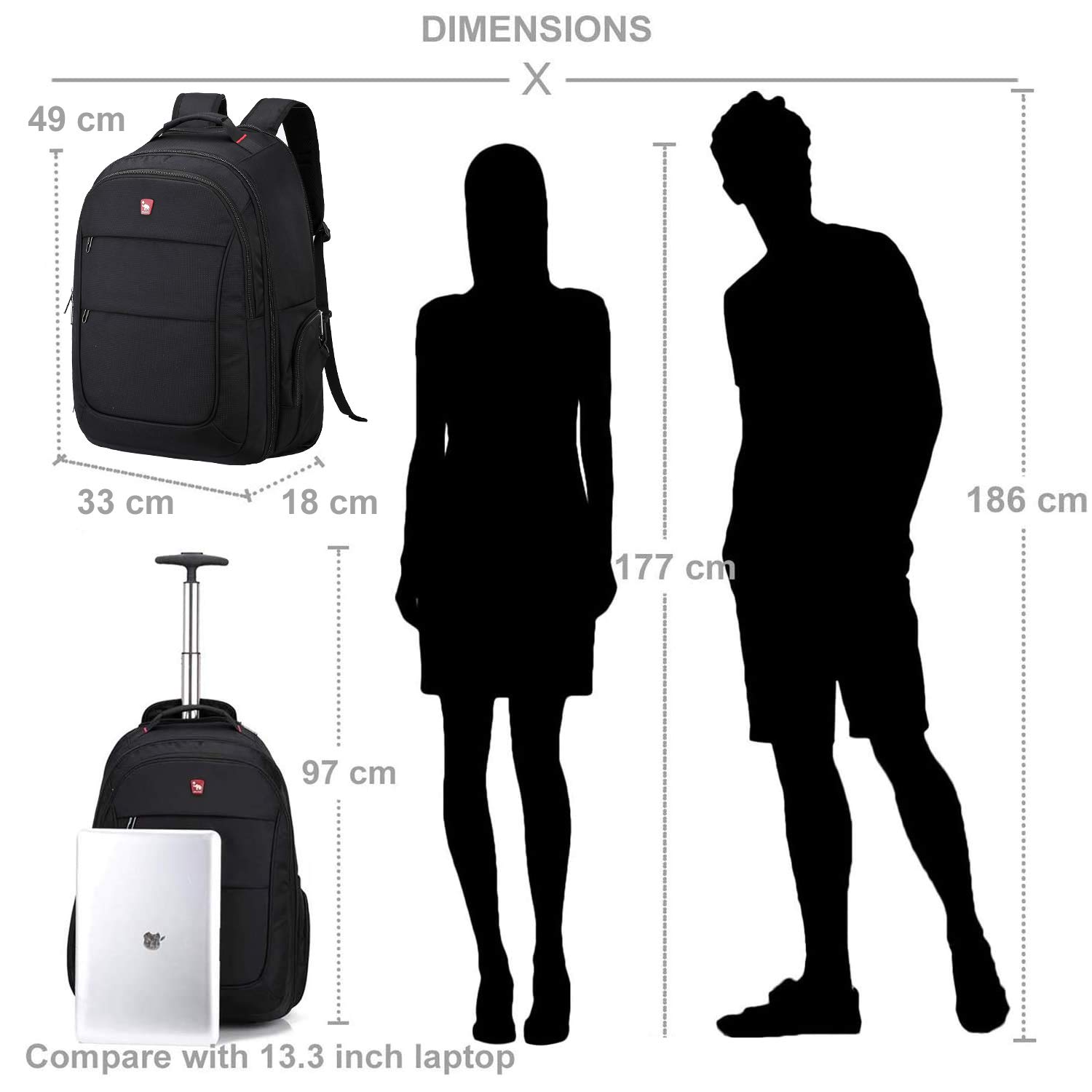 OIWAS Rolling Backpack Zaino trolley laptop 15,6 pollici 30 L