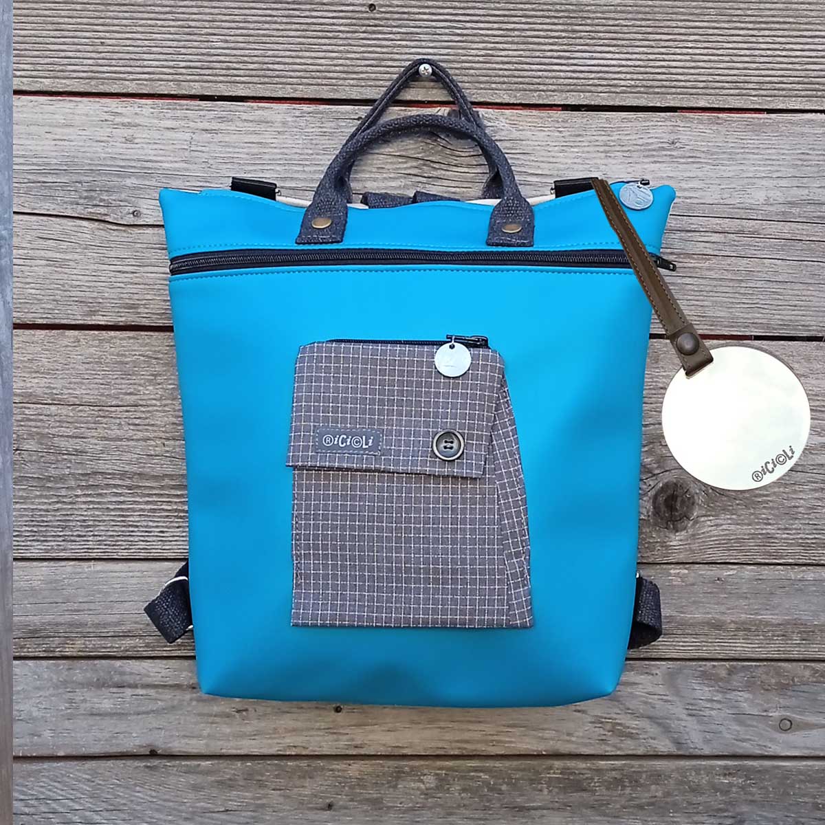 Ricicli Design Borse Borsa Zaino Cinno n°04 borsa turchese trasformabile
